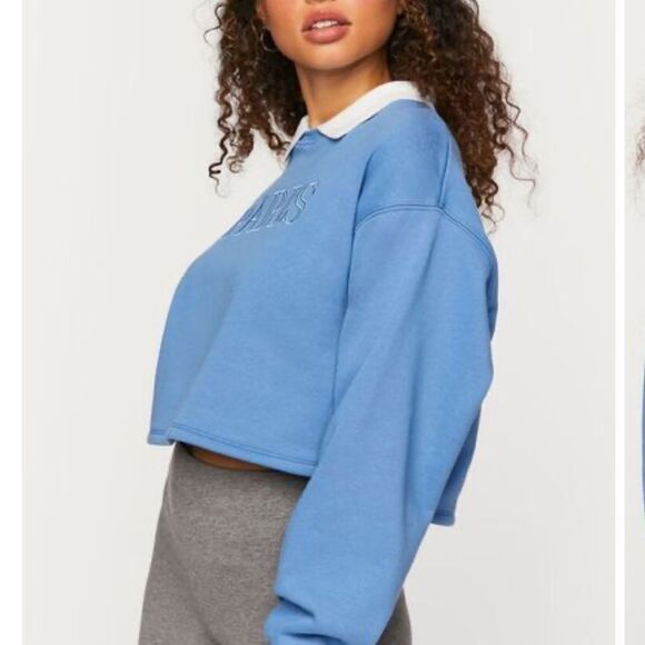 F21 S Light Blue White Collared PARIS Graphic Cropped Fleece Pullover - Picture 4 of 15